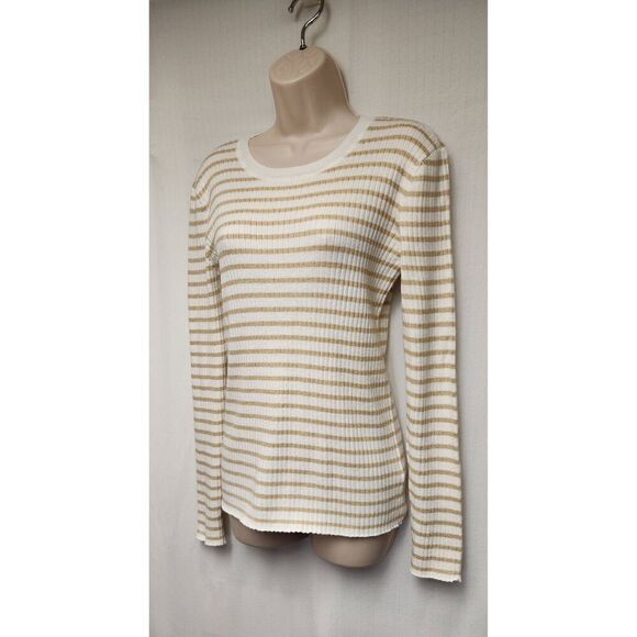 Nine West Womens Striped White/Gold Stretch Long Sleeve Sweater Size Large - Picture 4 of 6